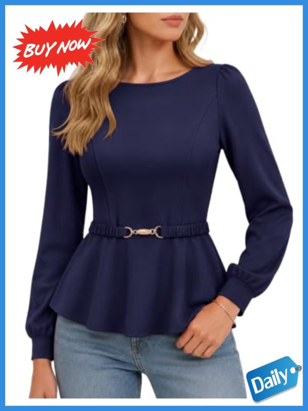 Peplum Blouse Belted Long Sleeve Business Casual Work Top